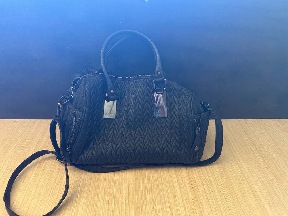 Marc New York Andrew Marc Black Ruched Chevron Leather Satchel Handbag